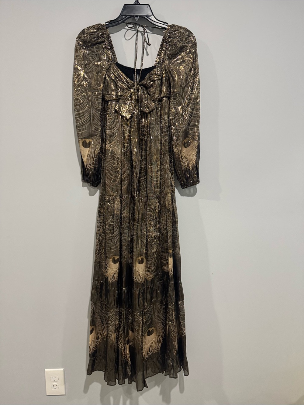 NWT Anthropogie Metallic Black & Gold Peacock-Print Maxi Dress XXS